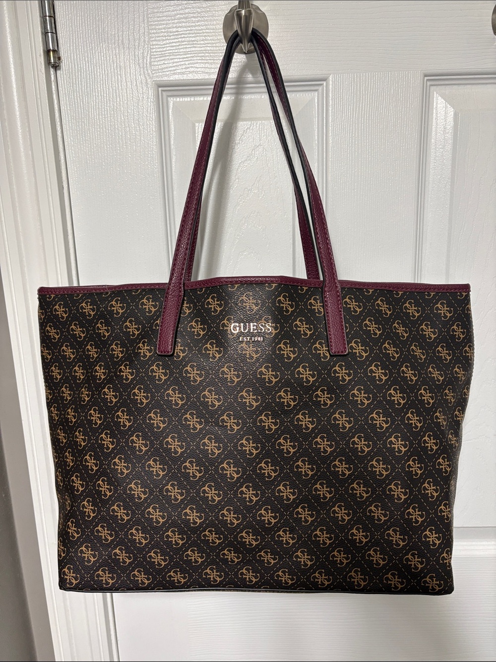 Guess Signature Logo Large Tote Bag - Brown & Burgundy- Leopard Print Interior